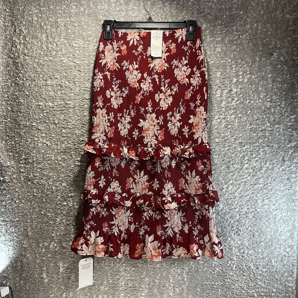 Abercrombie & Fitch Red Floral Smoked Midi Ruffled Bodycon Skirt Peasant M NWT